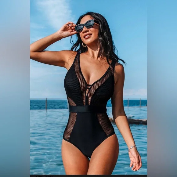 Cupshe Black Mesh One Piece Swimsuit - Picture 1 of 5